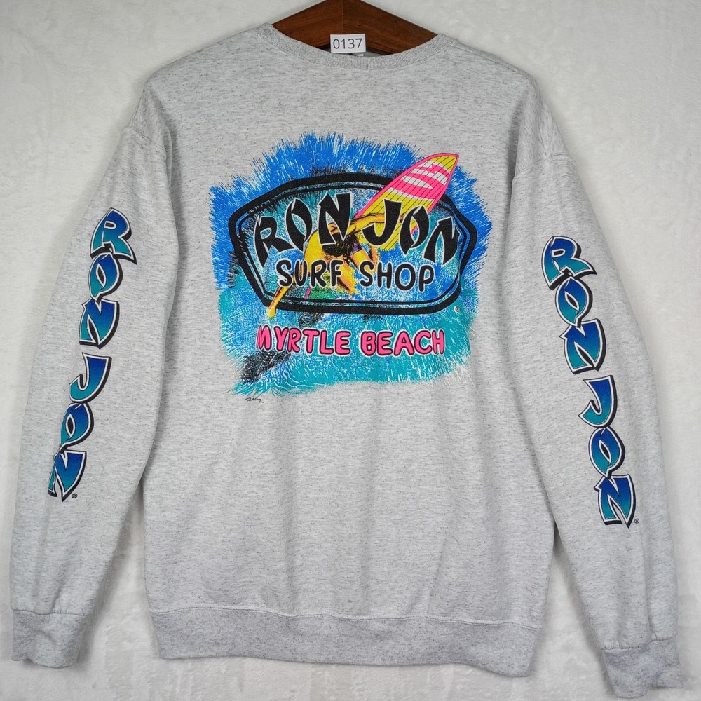 Ron Jon Surf Shop Myrtle Beach Sweatshirt Heather Gray Graphic Crewneck Mens L